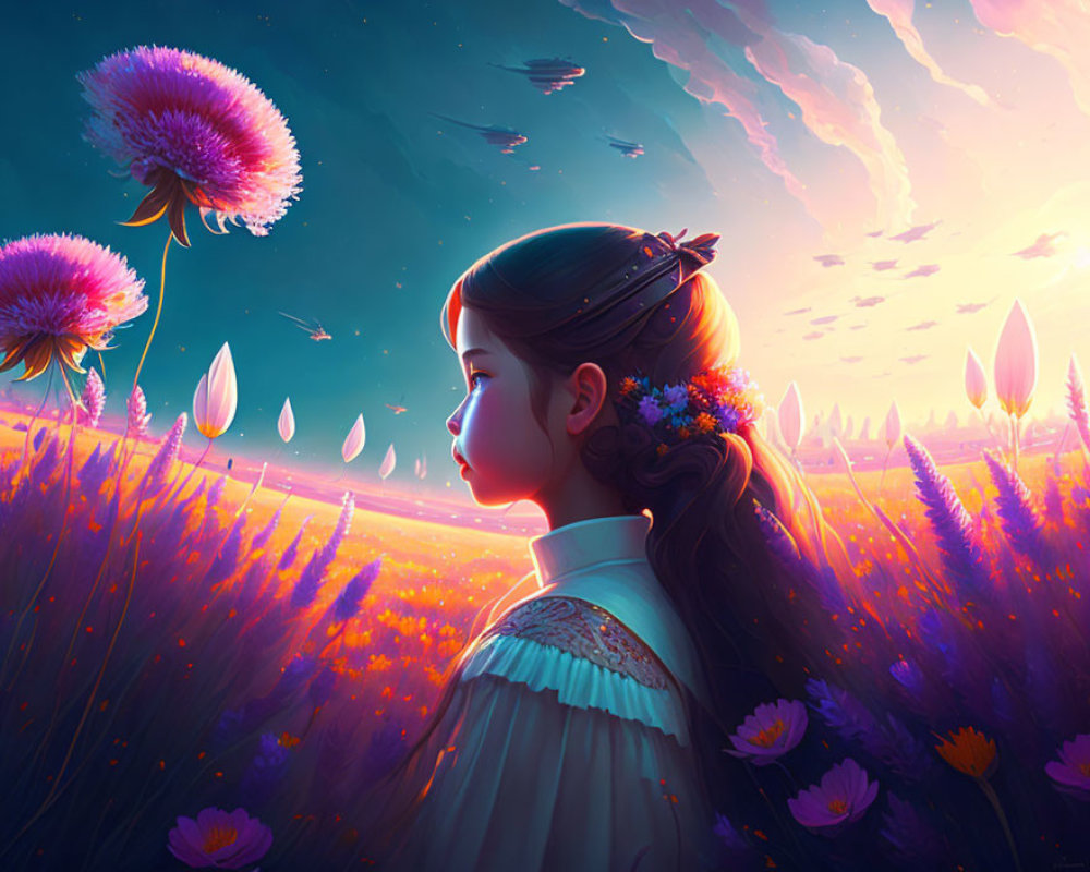 Girl in Purple Flower Field at Sunset with Dandelion Plants