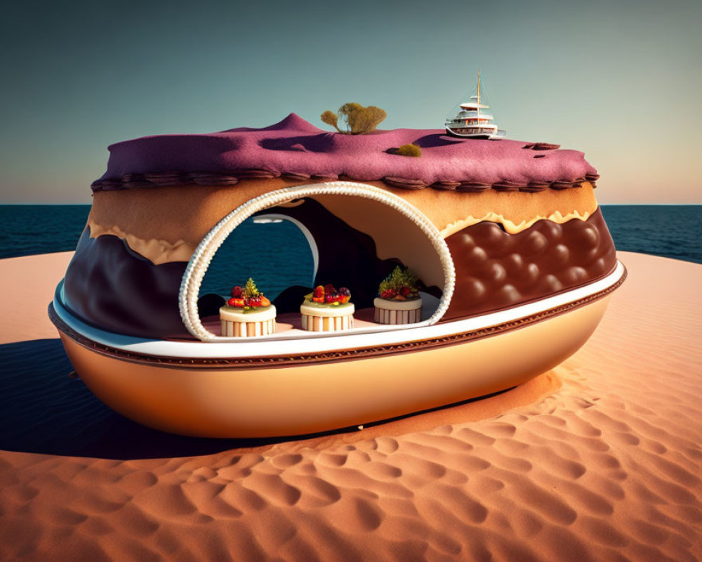 Surreal boat shaped like chocolate donut on beach shore