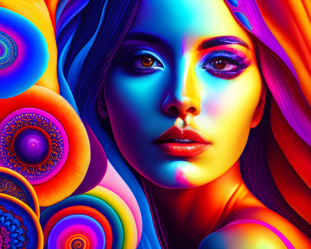 Colorful digital artwork: Woman's face with neon colors & psychedelic patterns.