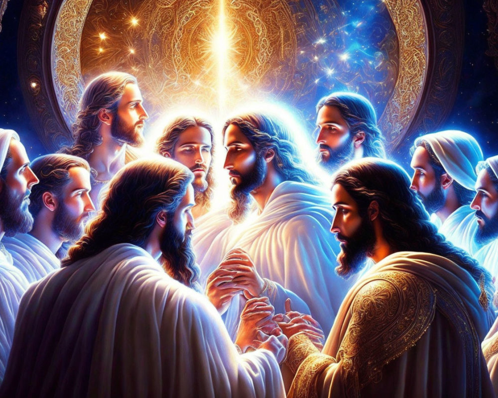 Robed Figures Surround Central Figure with Long Hair in Golden Glow