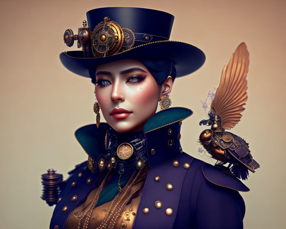 Steampunk-inspired woman with mechanical bird and gear accessories in high-collar jacket and top hat