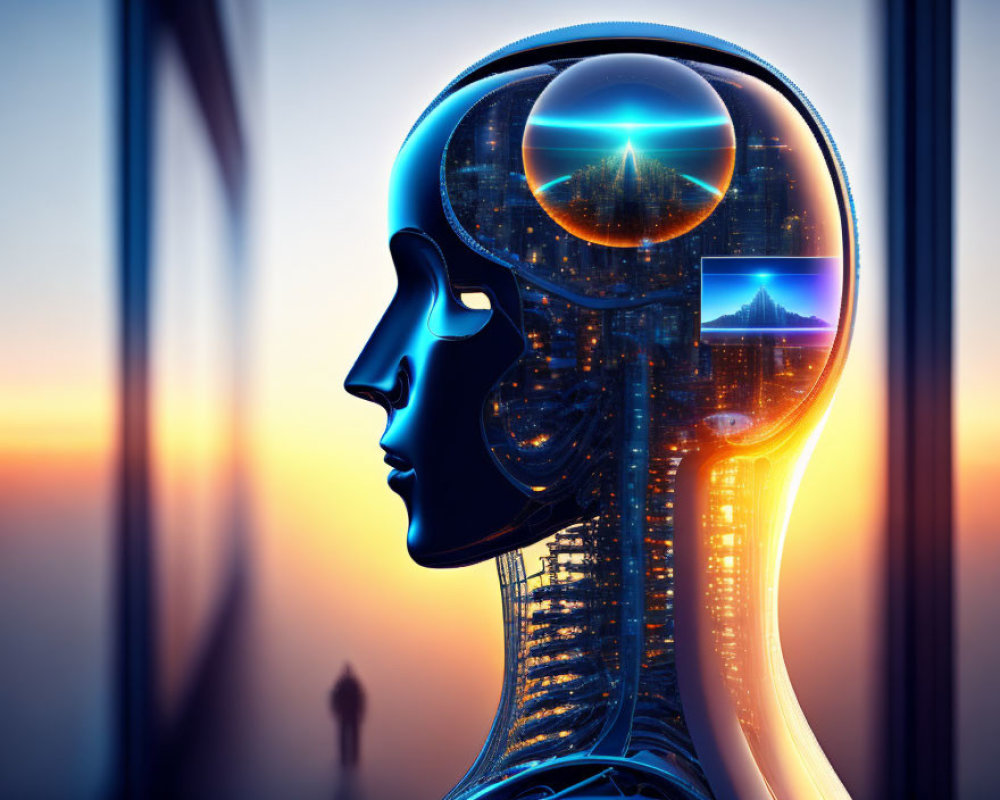 Digital illustration: Human-like robot head with intricate circuitry and cityscapes in thought bubbles