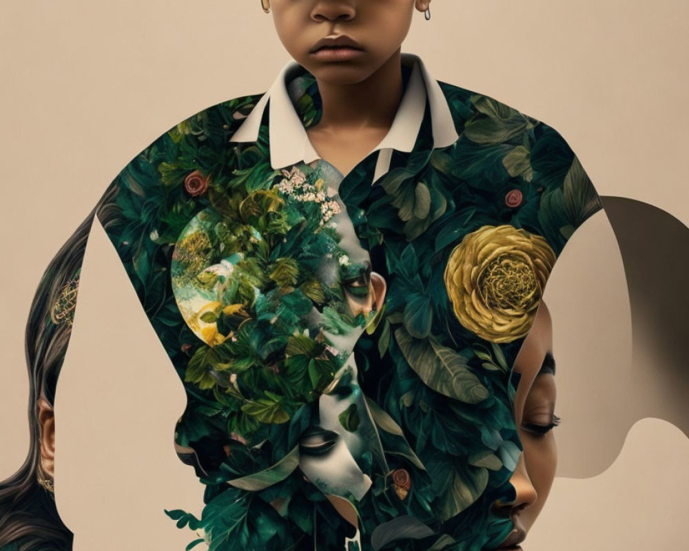 Child wearing cap with intricate floral designs and woman's image superimposed