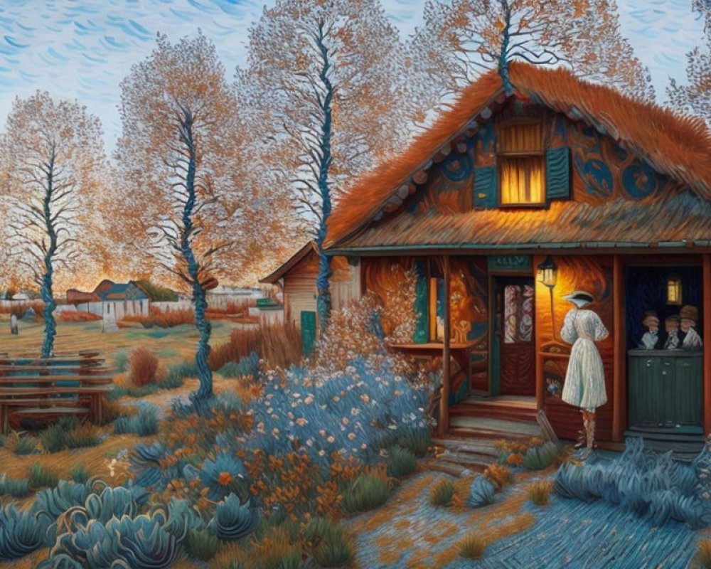 Charming sunset painting of cottage in lush garden with intricate tree patterns