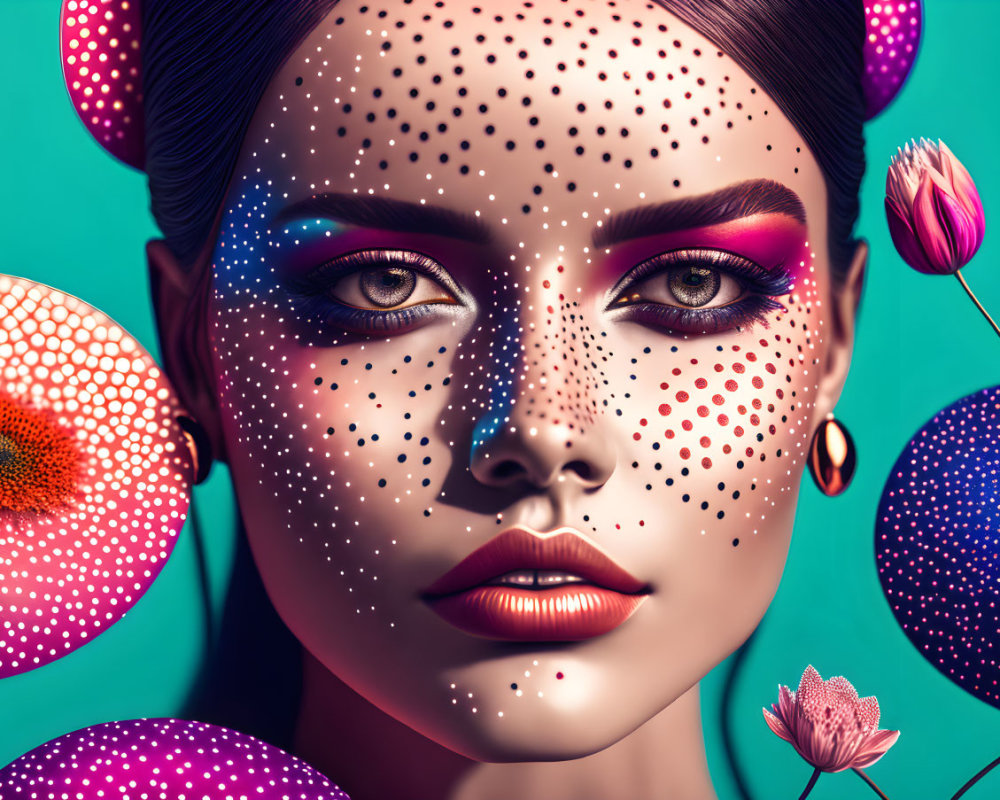 Colorful digital illustration of woman with dotted skin patterns and pink eye makeup on teal background