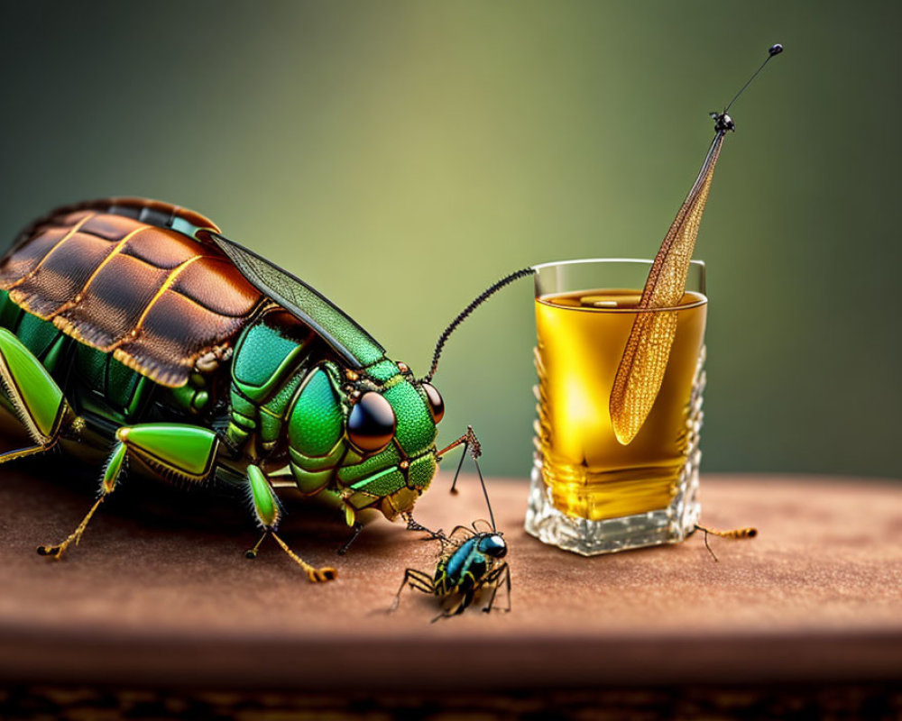 Detailed Green Beetle Interacts with Tiny Blue Beetle Near Citrus Twist Shot Glass