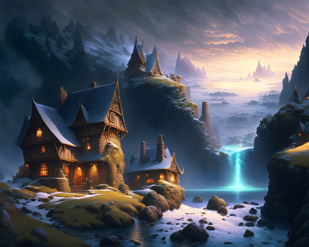 Twilight fantasy landscape with illuminated houses, waterfall, rocky terrain, and mountains