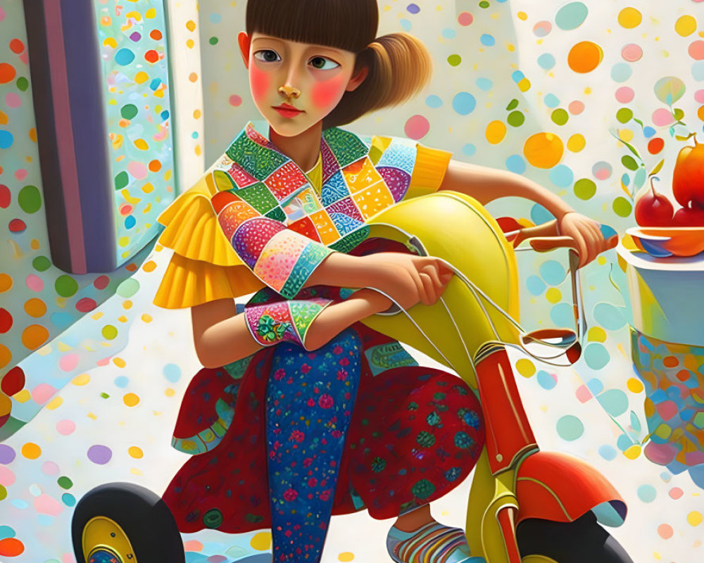 Colorful surreal illustration of a girl on a tricycle