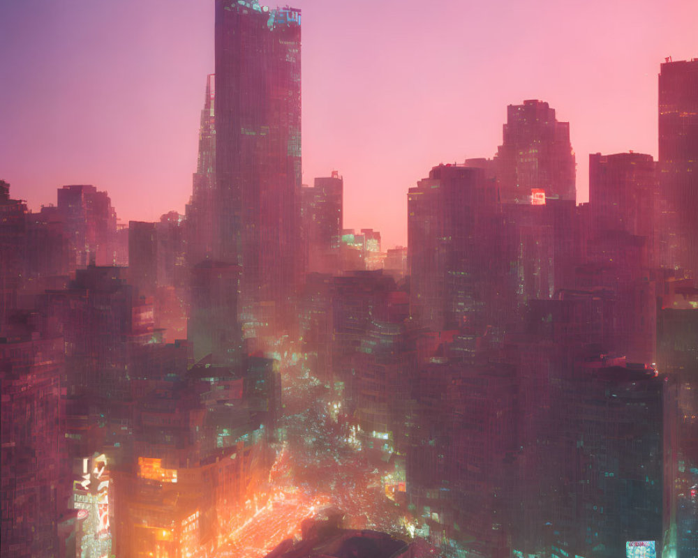 Futuristic neon cityscape with skyscrapers in foggy dusk or dawn