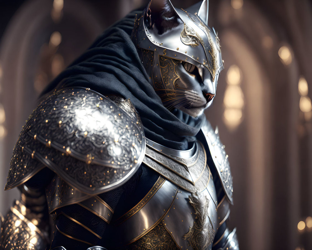 Medieval armor-clad cat in ornate setting with feline ear helmet