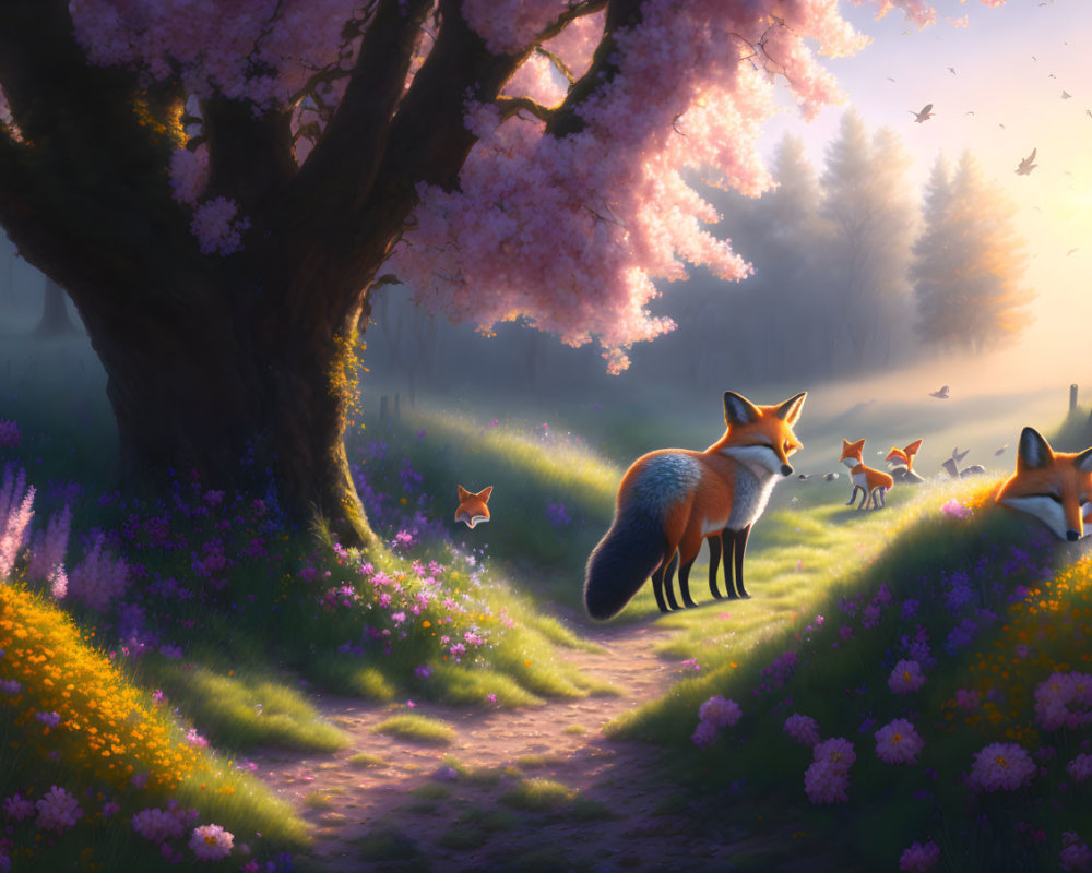 Illustration: Family of foxes in misty woodland with blossoming tree