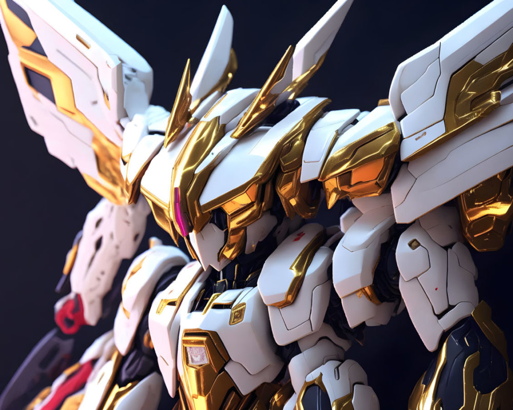 Detailed Gold and White Futuristic Mecha on Dark Background