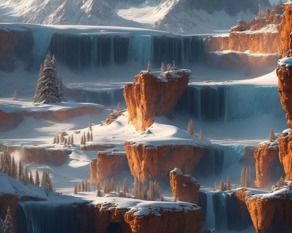 Snowy Winter Scene: Frozen Waterfalls, Snowy Trees, Mountain Peaks