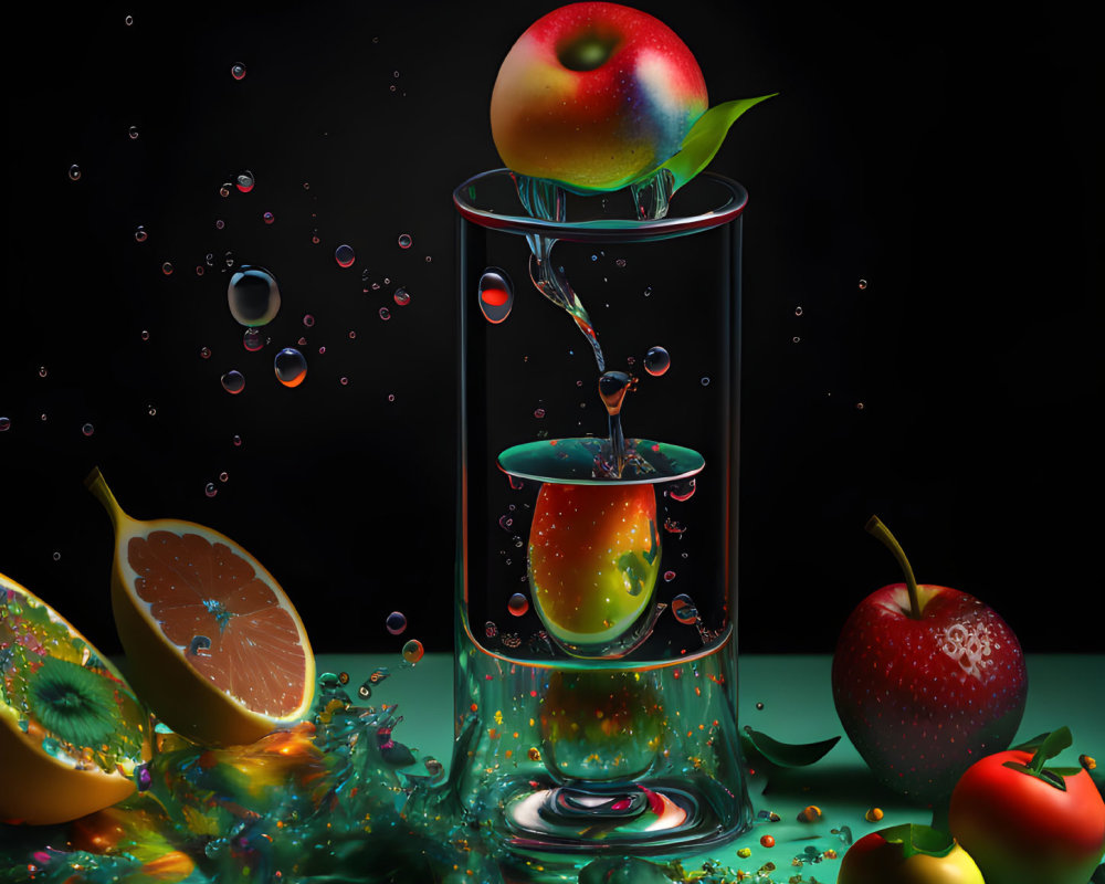 Colorful digital artwork: Apples and citrus fruits in liquid splash within glass structure