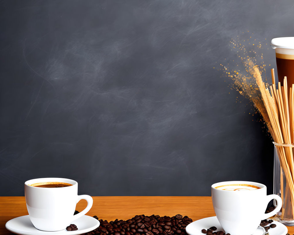 Espresso Cups and Coffee Beans on Table with Spaghetti Jar