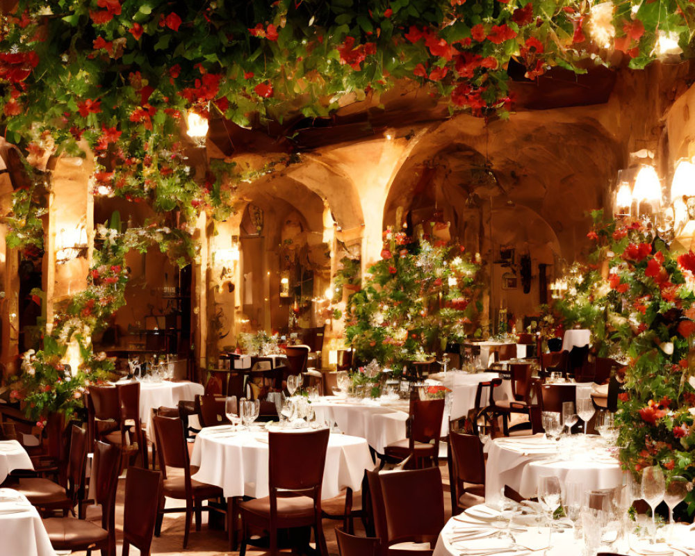 Sophisticated restaurant interior with white linen tables, arches, vibrant red flowers, and greenery
