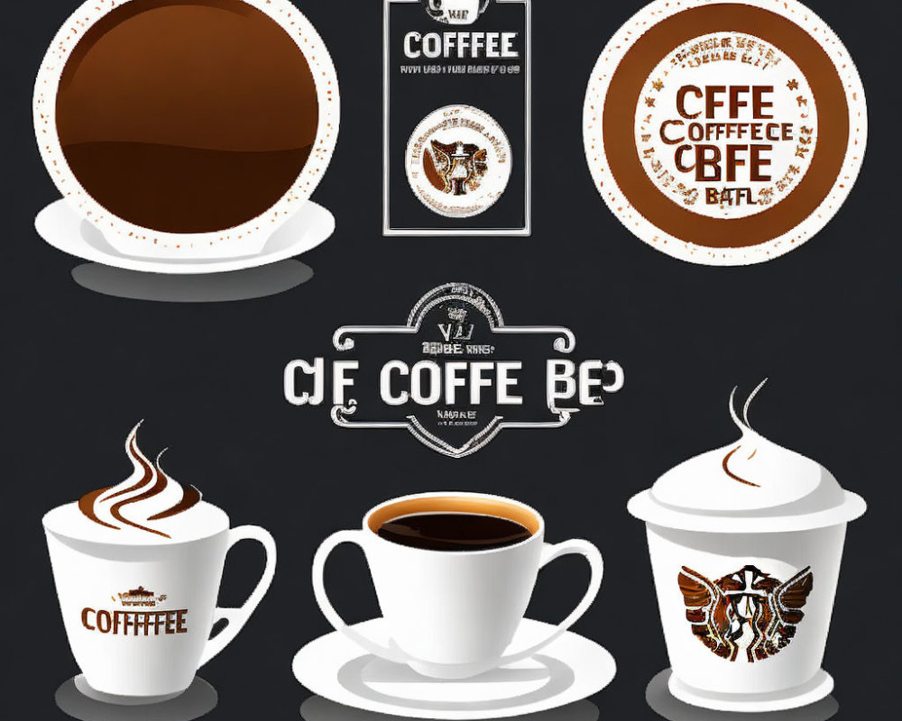 Six Coffee Logos and Designs with Cups, Beans, and Text Styles on Black Background