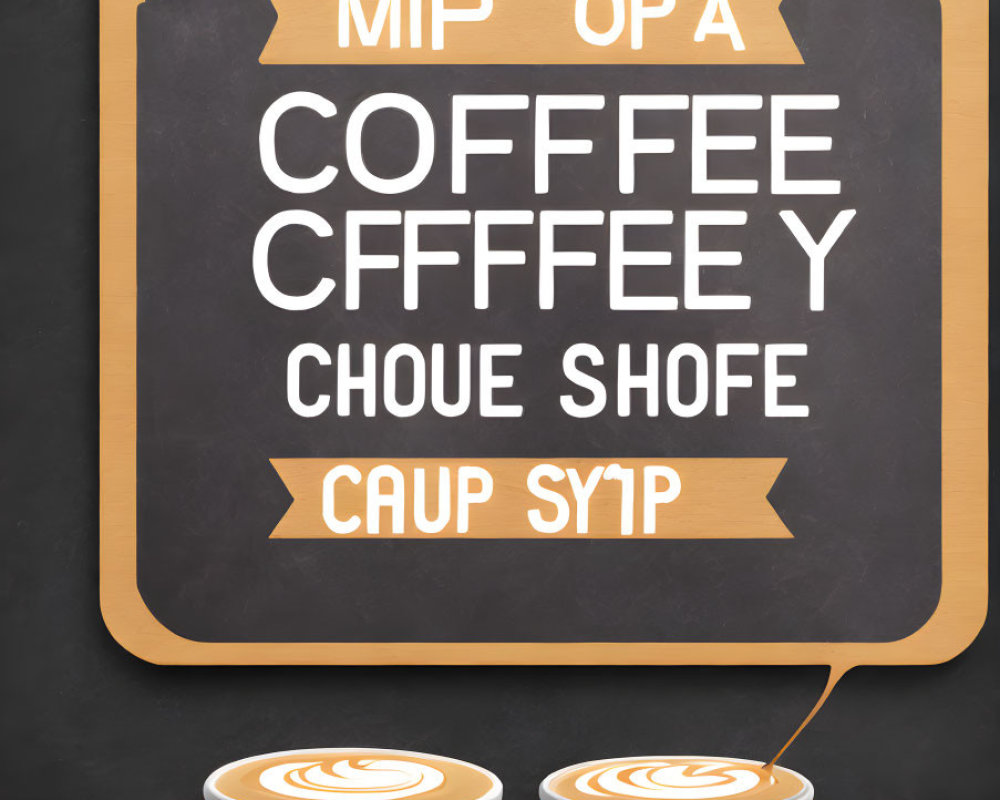 Chalkboard with playful coffee shop letter variations and latte art cups on marble counter