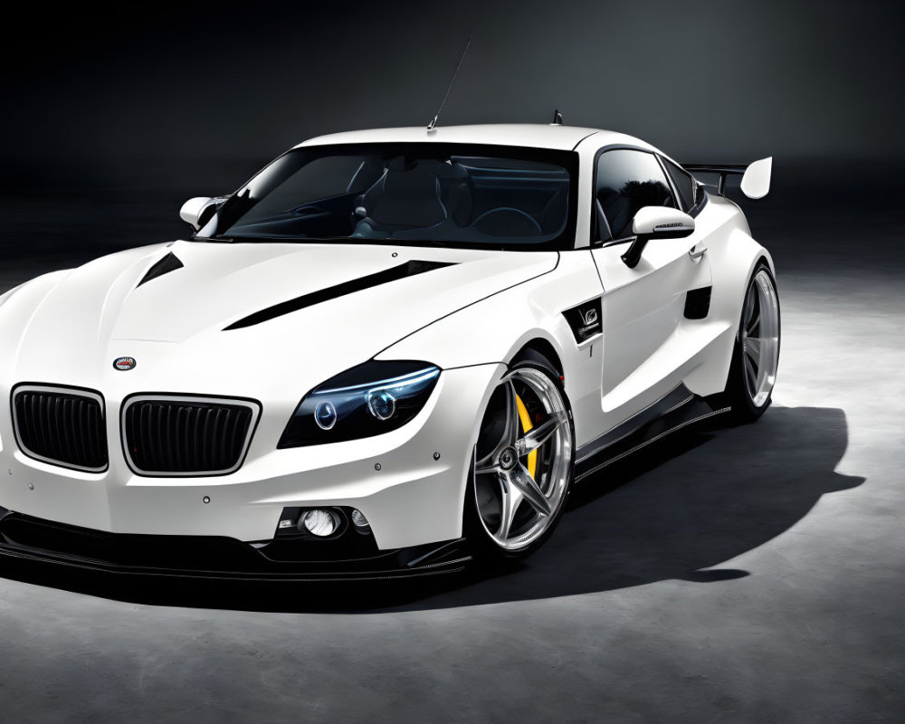 Custom White Sports Car with Black Accents and Racing Rims on Dark Studio Background
