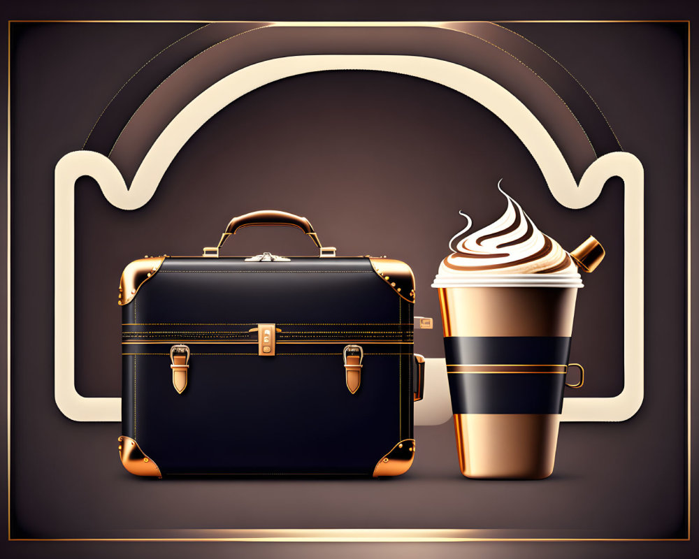 Stylized illustration of classic briefcase with hot coffee cup