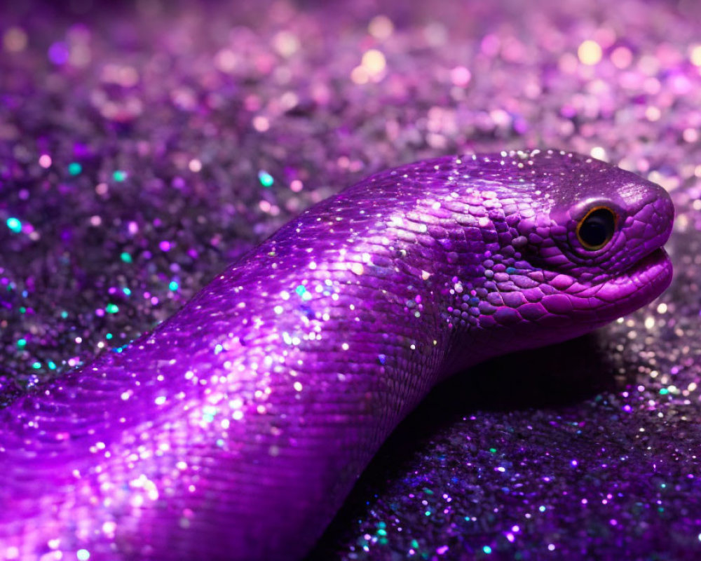 Purple snake with glossy scales on sparkling background.