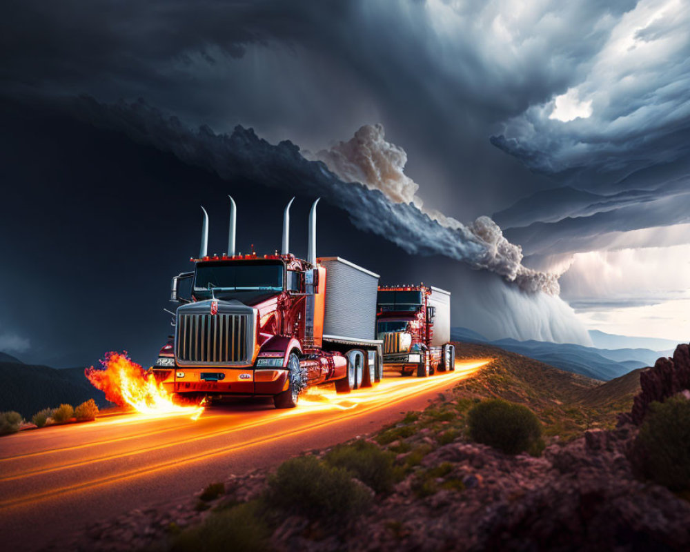 Two semi-trucks with flames driving from storm and tornado.