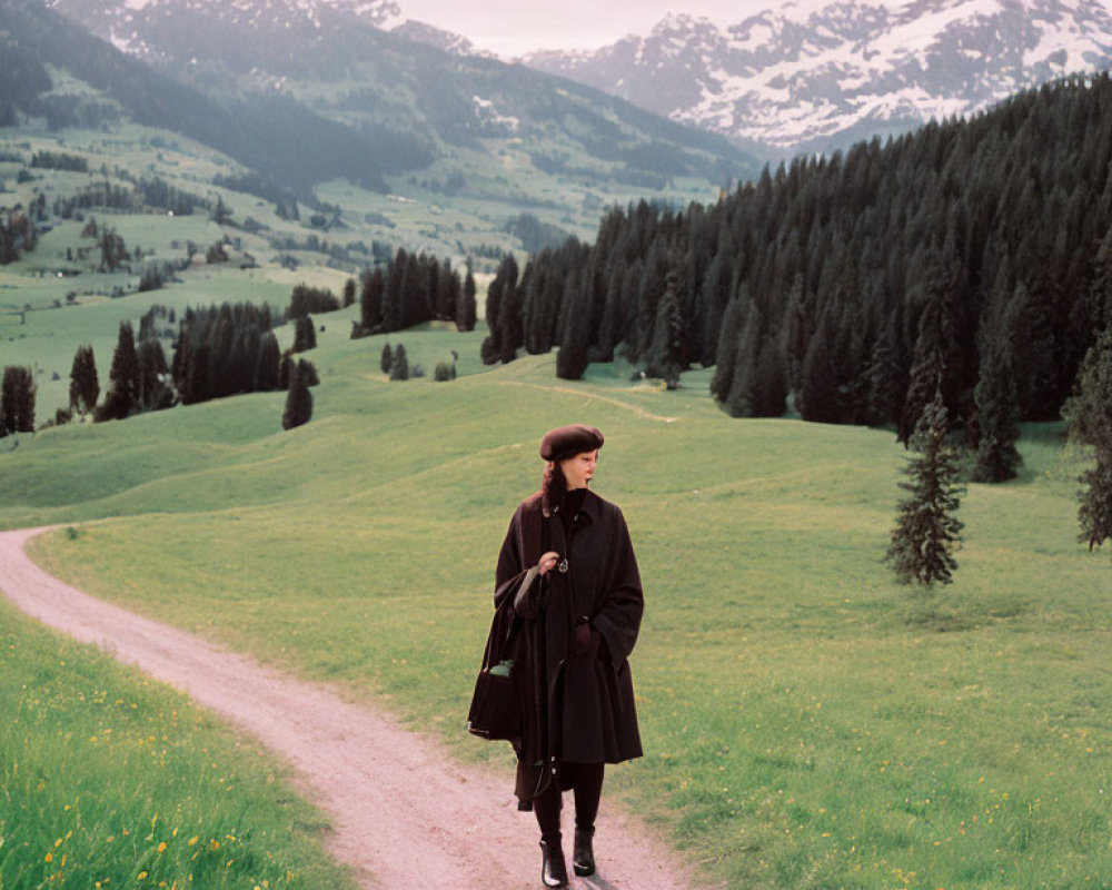 Vintage Outfit Wearer in Scenic Mountain Landscape