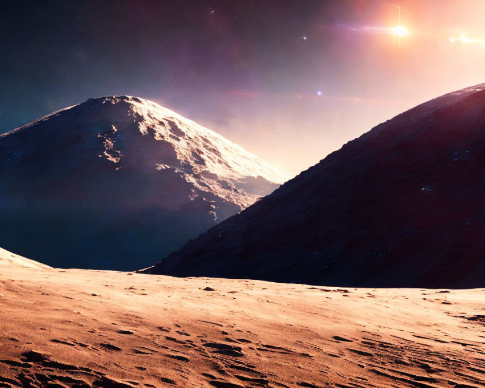 Alien landscape with barren mountains under a starry sky