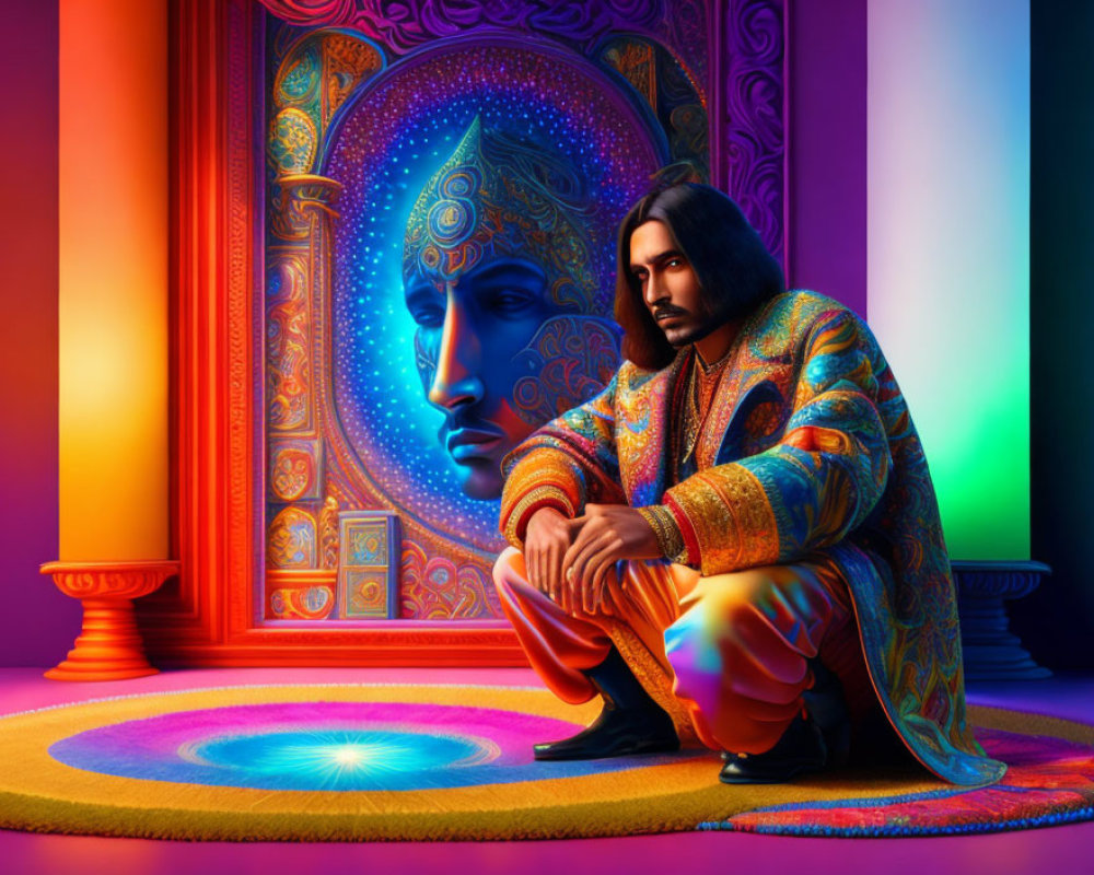 Man in Traditional Outfit Beside Colorful Mandala and Psychedelic Lighting