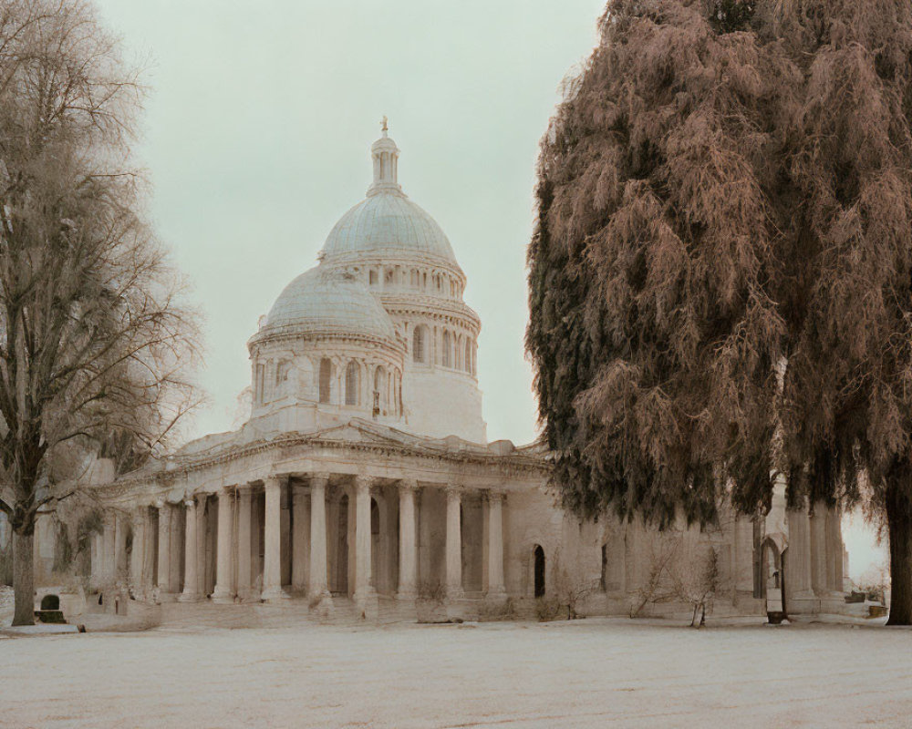 Neoclassical building with dome and columns in winter scene