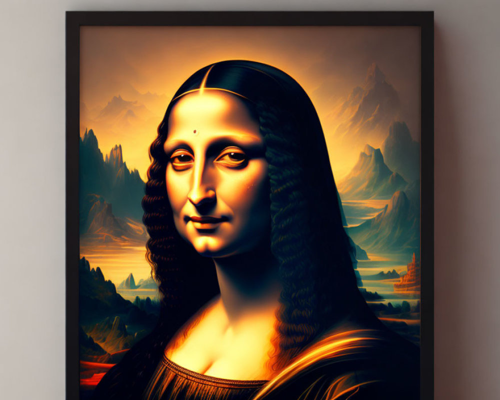 Digital Mona Lisa: Orange and Black Tones in Mountain Landscape