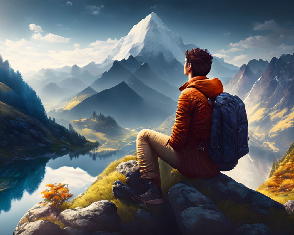 Person in warm jacket gazes at majestic mountain landscape with lake and valleys
