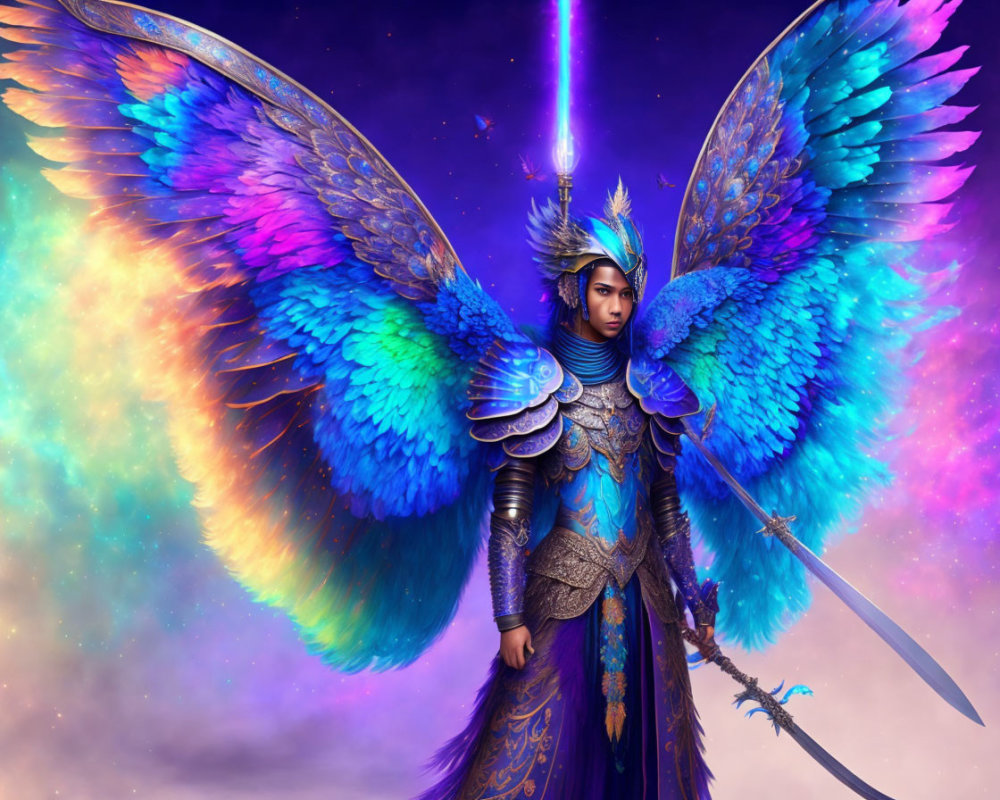 Majestic figure with blue wings and sword in cosmic setting