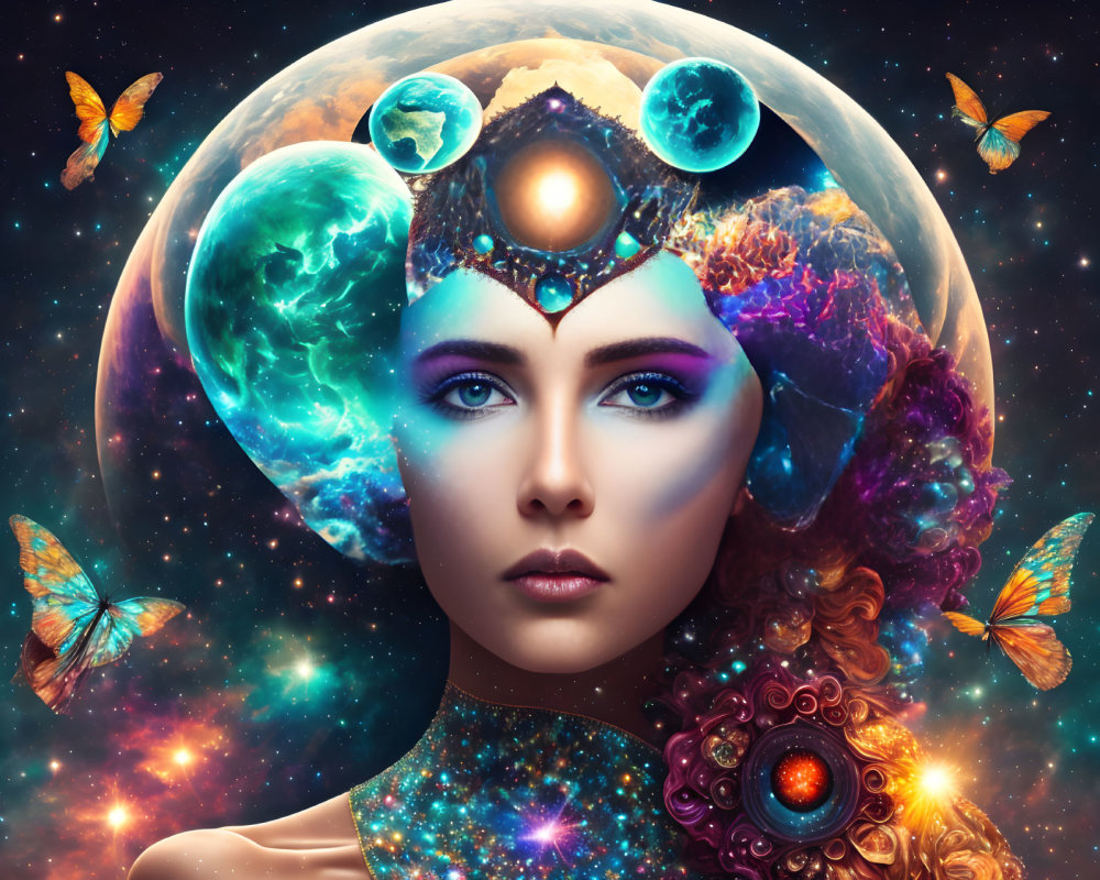 Surreal portrait of woman with cosmic crown and butterflies