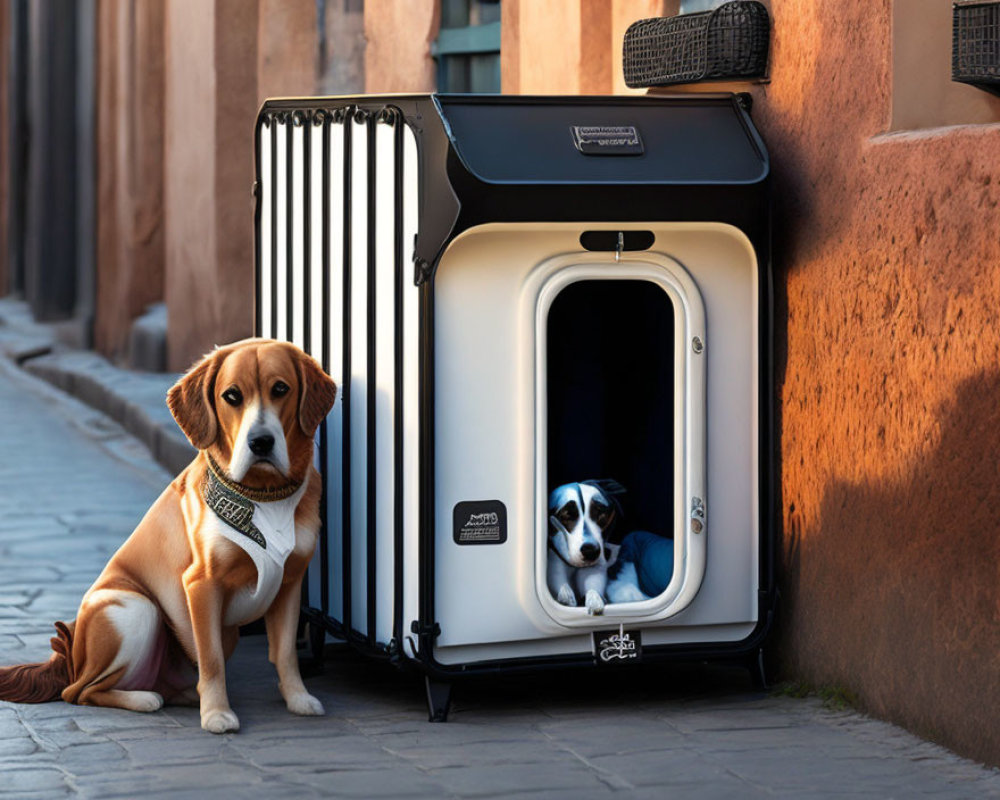 Two dogs by modern dog house on sunlit street
