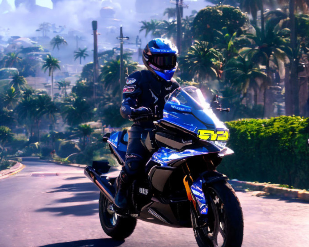Motorcyclist in full gear riding sporty bike on sunlit road with palm trees and mountains.