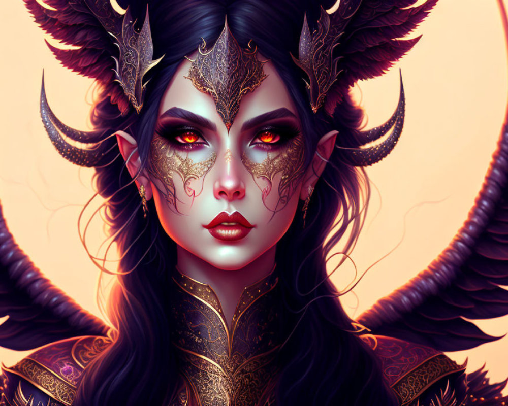 Fantasy illustration: Woman with horns and gold facial markings
