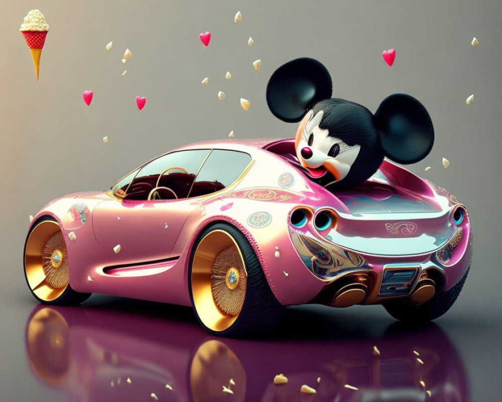 Pink futuristic car with animated mouse character in driver's seat among floating hearts and ice cream cone