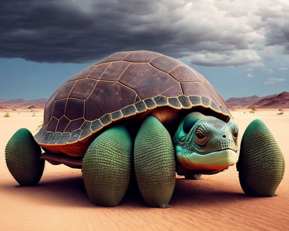 Digitally altered tortoise with car tires on desert background.