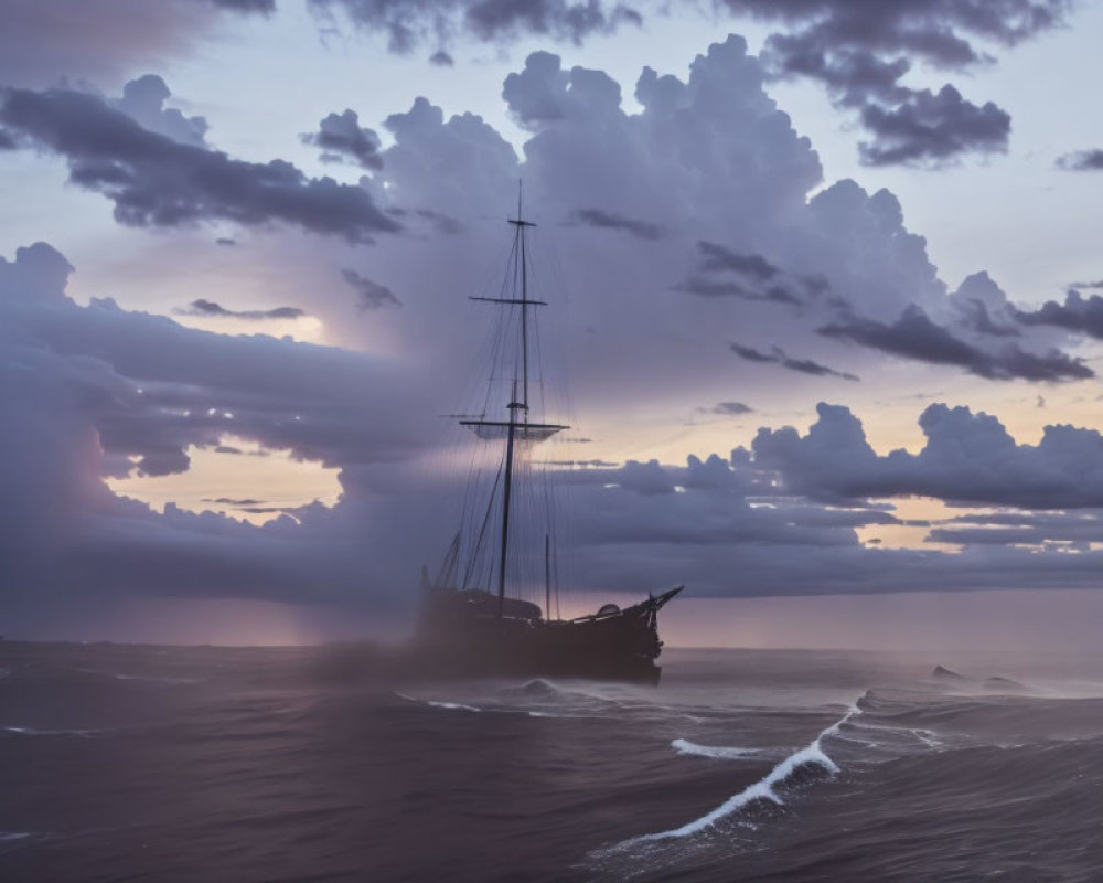 Sailing ship in misty sea at dusk with dramatic sky and glowing horizon