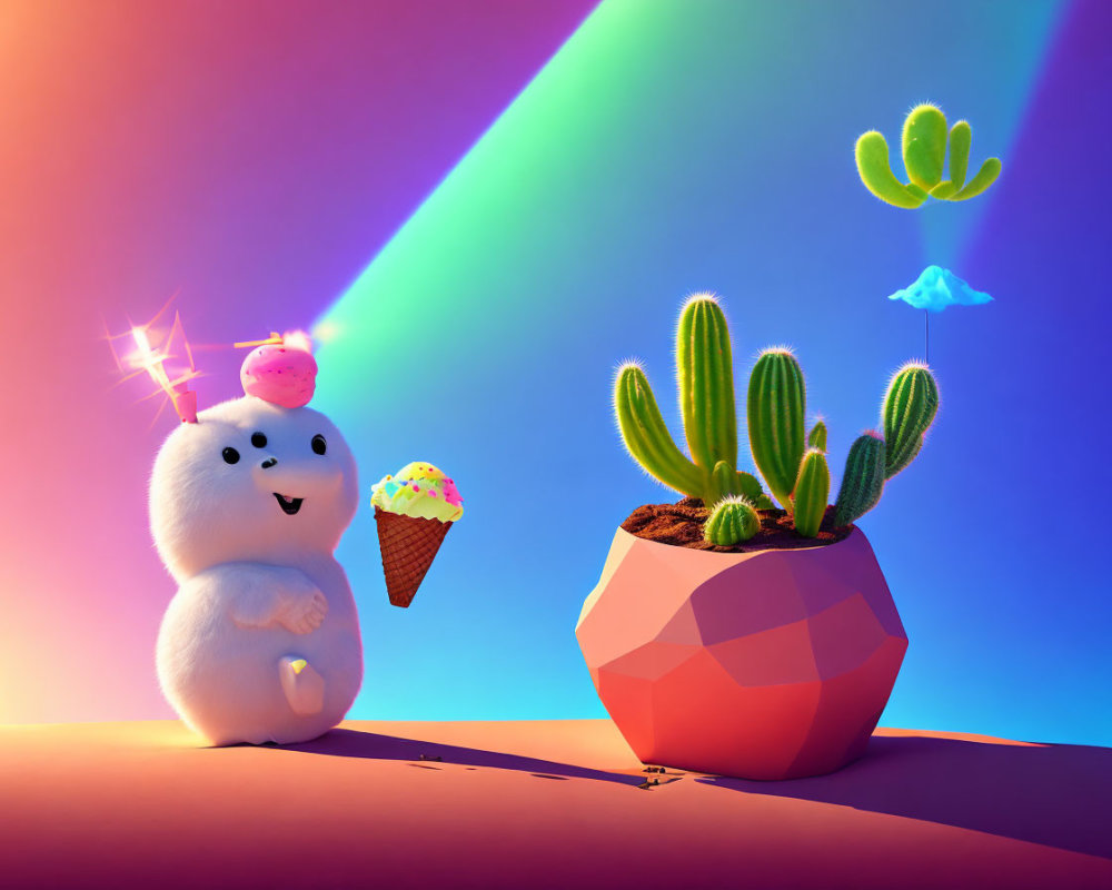 Colorful Cartoon Snowman with Ice Cream Cone and Cactus Under Rainbow Beam