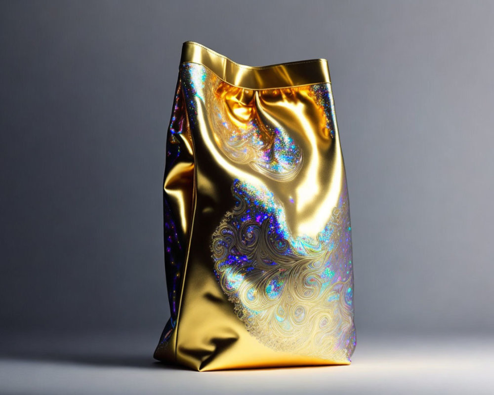 Iridescent Metallic Pouch with Rainbow Fractal Pattern