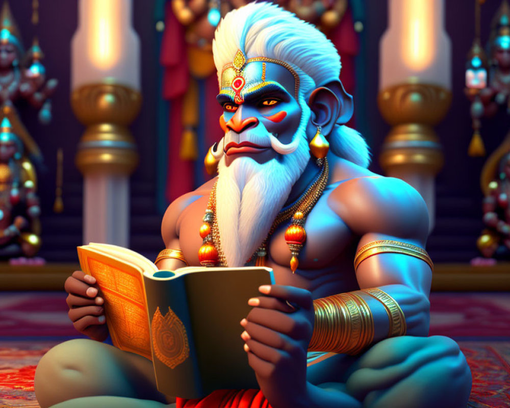Colorful illustration of mythical ape-like figure in Indian attire reading book