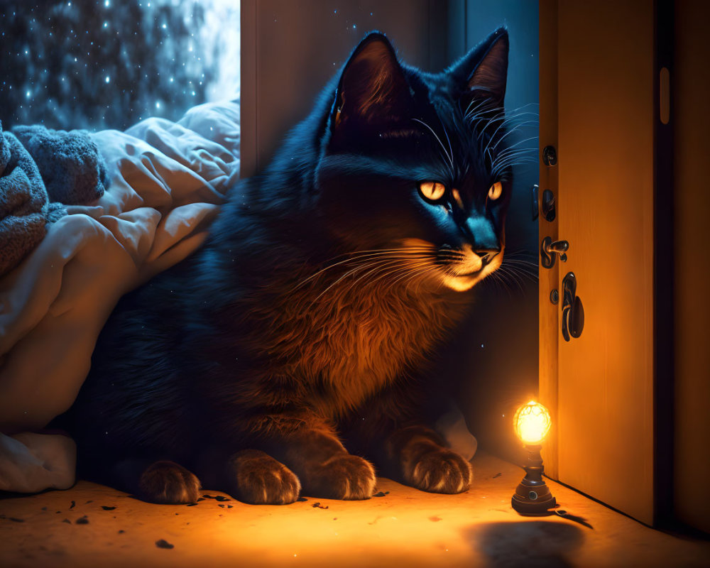 Black Cat with Blue Eyes Sitting by Glowing Lamp Near Window with Snow at Night