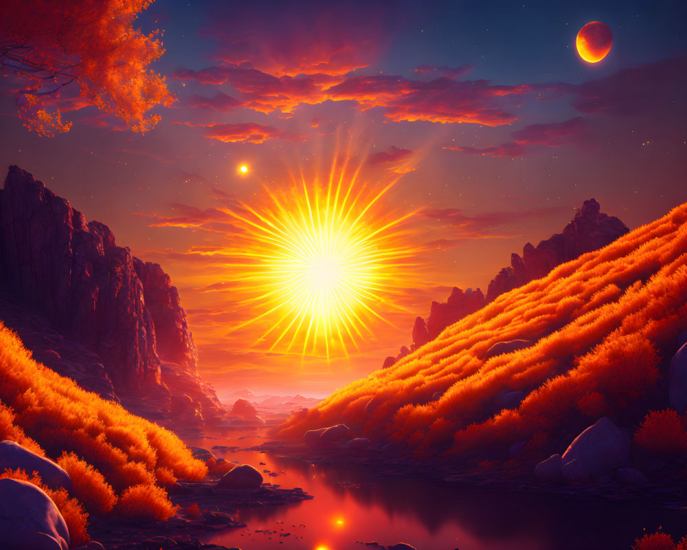 Radiant sunburst illuminates rocky cliffs and tranquil river in vibrant landscape