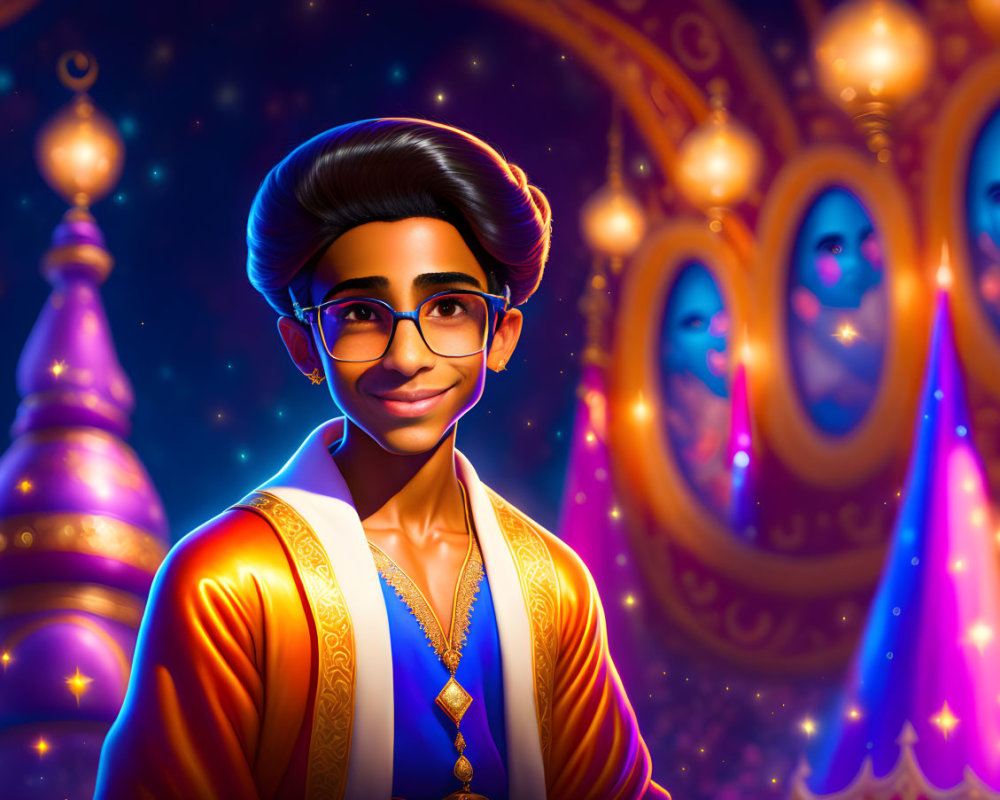 Colorful Illustration: Smiling Man in Indian Attire with Magical Lanterns