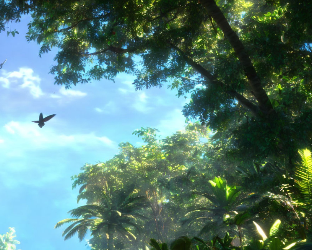 Tranquil forest scene with bird flying under blue sky