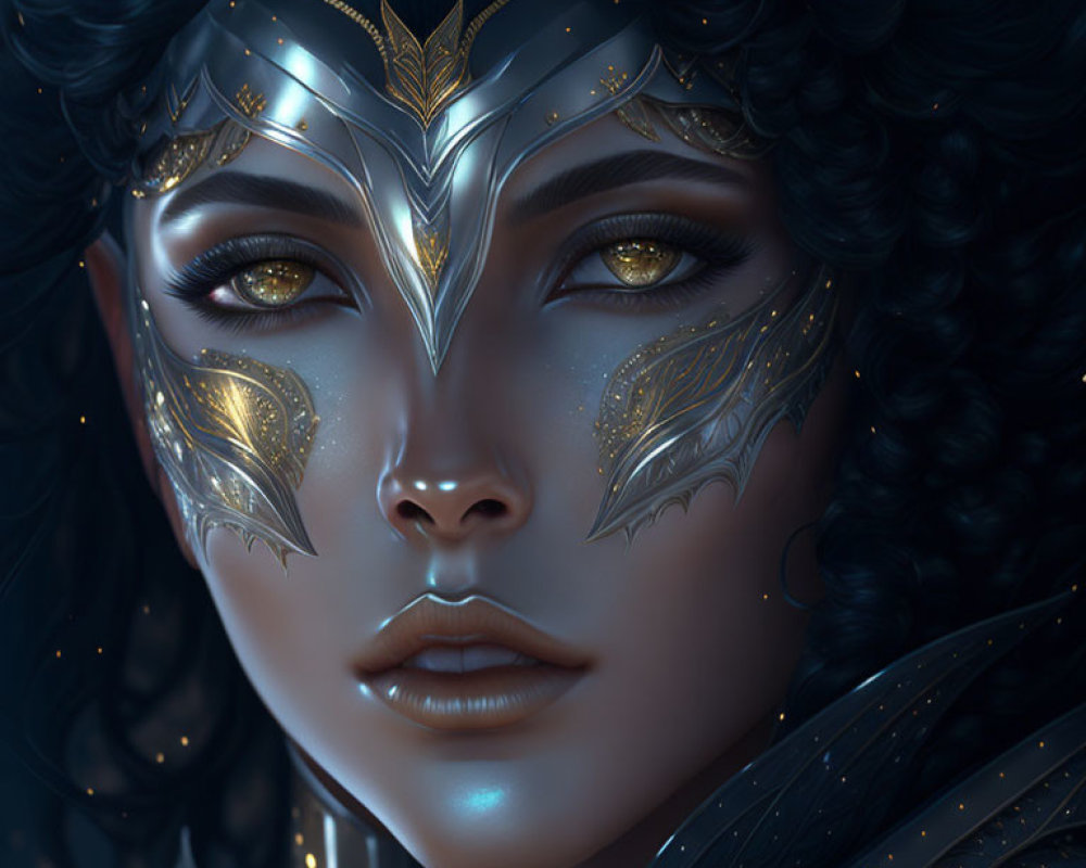 Detailed illustration: Woman with golden eyes, gold leaf facial markings, ornate headdress, dark background