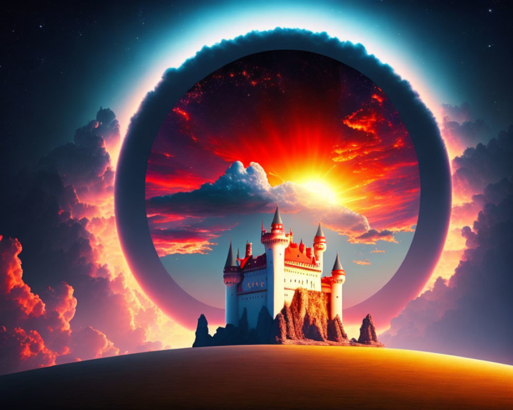 Fantastical castle on hill with surreal sky and giant ringed planet