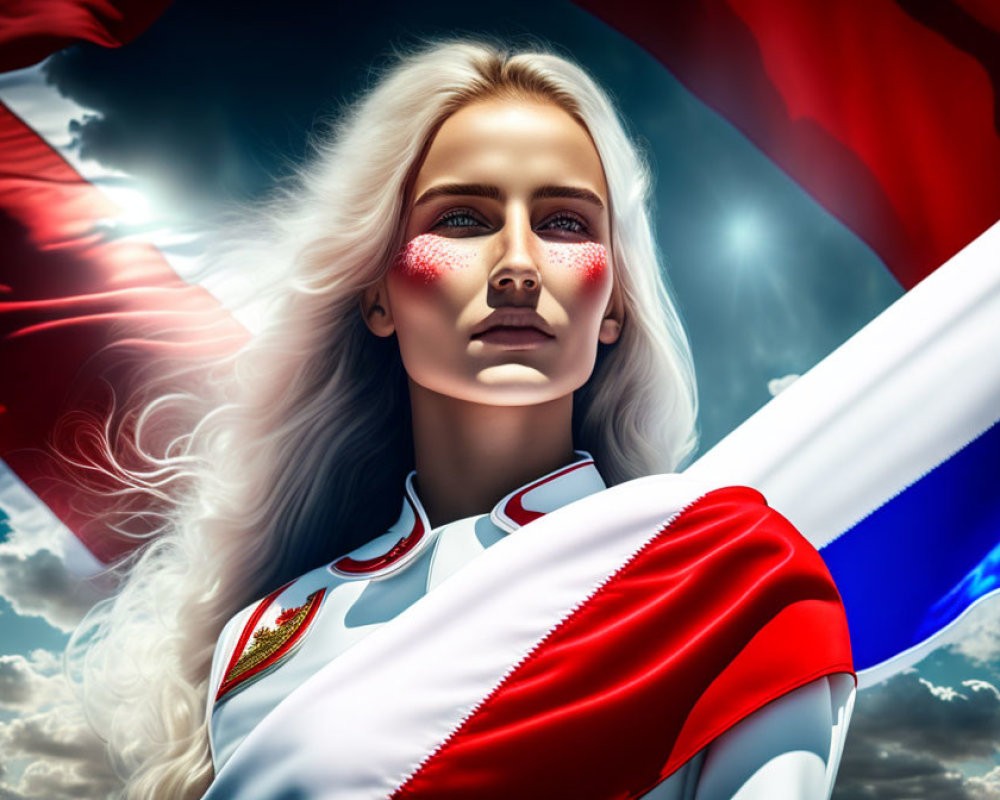 Digital art portrait of woman with white hair, patriotic face paint, flag-themed outfit, cloudy sky backdrop